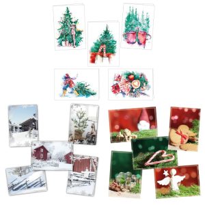 Joulukorttipakettiin sisältyy kolme erilaista korttisarjaa, joiden on jouluiset kuvitukset.