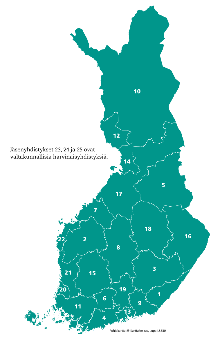 Yhdistyksiä on eri puolilla Suomea ja niillä on omat toimialueensa. Kolme harvinaisyhdistystä toimivat kuitenkin valtakunnallisesti. 