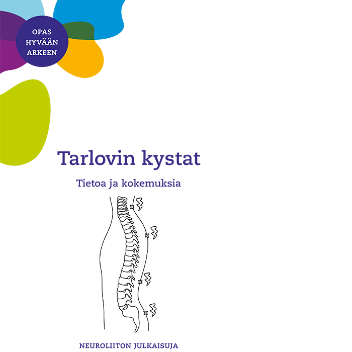 Tarlovin kystat -oppaan kannessa on oppaan nimi ja tekijätieto sekä kuva, joka symboloi niskan ja selän kipuja.