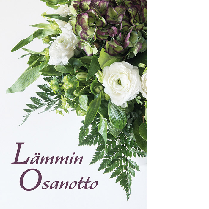 Kortin kannessa on kukkakimppu, jossa on punertava hortensia, valkoisia kukkia ja vihreitä lehtiä. Tekstinä lämmin osanotto.