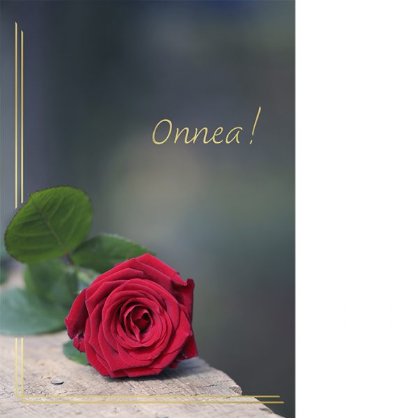 Kannessa punainen ruusu puisella tasolla sekä kultafolioinnilla teksti Onnea.